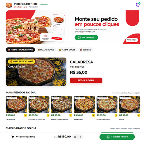 Exemplo de cardápio online com produtos, preços e botão de compra